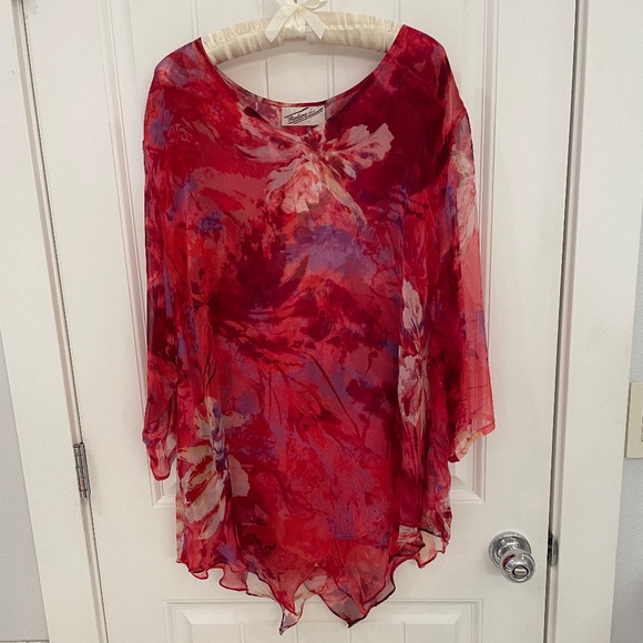 SHEER Trend! Sterling Styles, Yazdi Seattle Red Chiffon Floral Top OS NWT - Picture 1 of 14